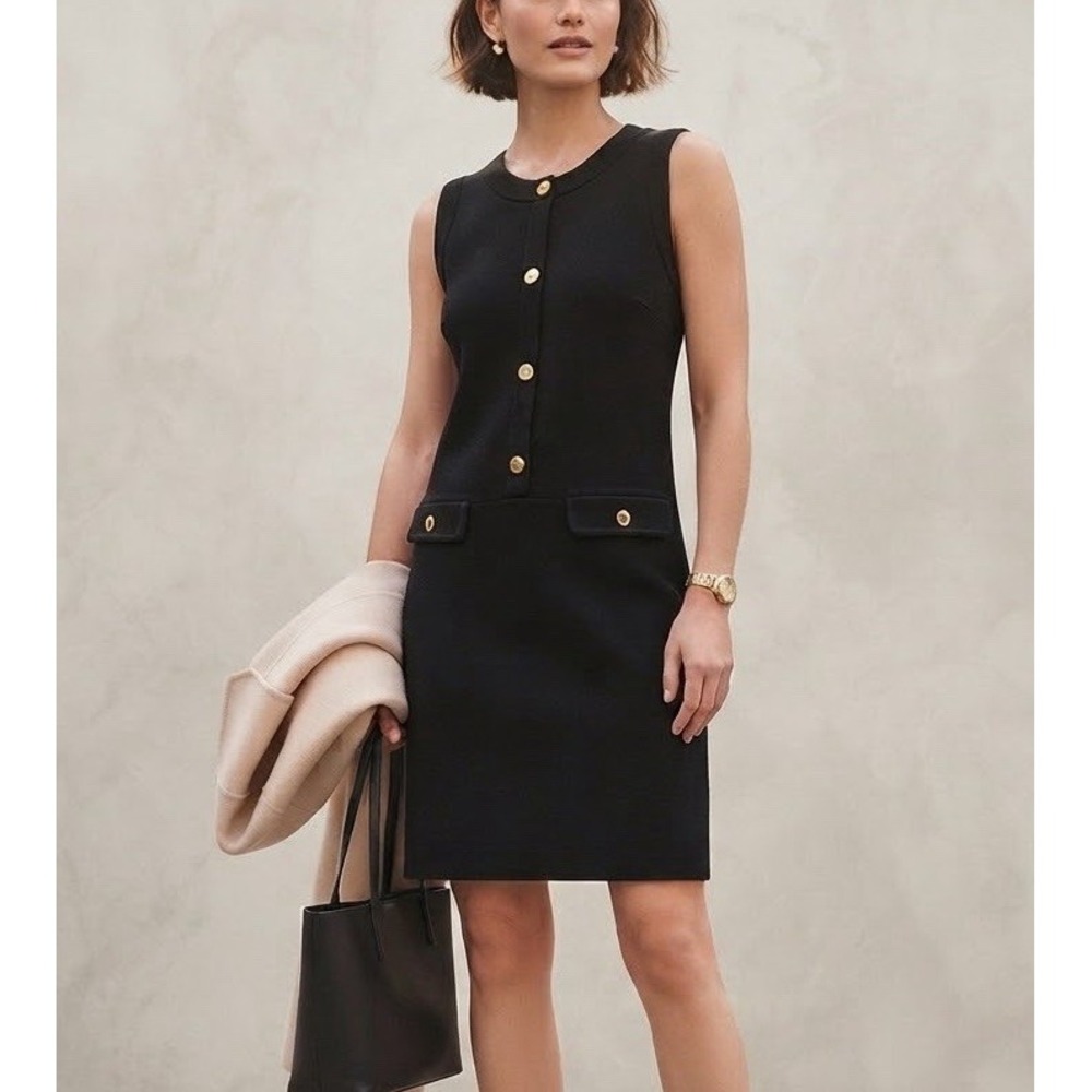 TALBOTS Dress Womens Sz 10 P Black Knit Classic Gold Button Sleeveless Career